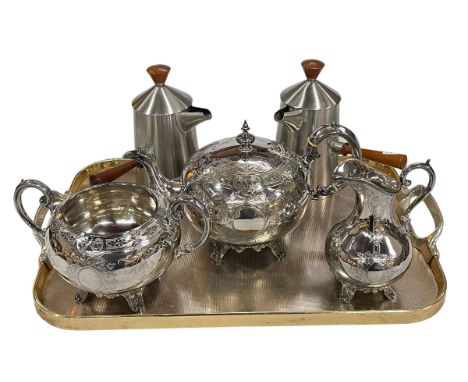 Three piece silver plated tea service and pair of stainless steel chocolate pots.