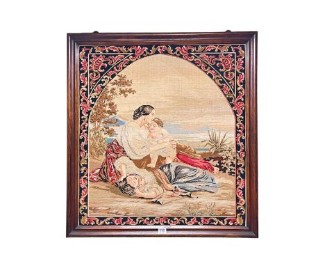 19th Century mahogany framed needlework depicting mother and children, 80cm by 75cm, and three Prattware mugs.
