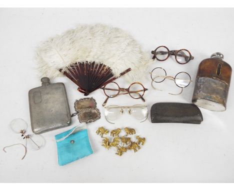 Vintage collectables to include hip flasks, spectacles, two sterling silver decanter labels and other.
