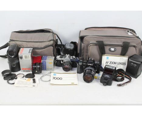 Photography - Two camera bags containing cameras and accessories to include a Pentax ME Super with Pentax - A 1:1.7 50mm lens