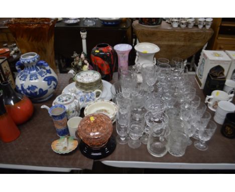 A quantity of various drinking glasses; a figural table lamp; Royal Doulton "Bunnykins" baby plate etc