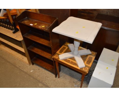 A small oak book shelf; a painted coffee table and an Italian style musical table