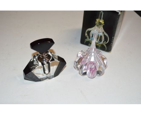 An Art Deco style scent bottle; together with a Caithness glass ring stand; with original box