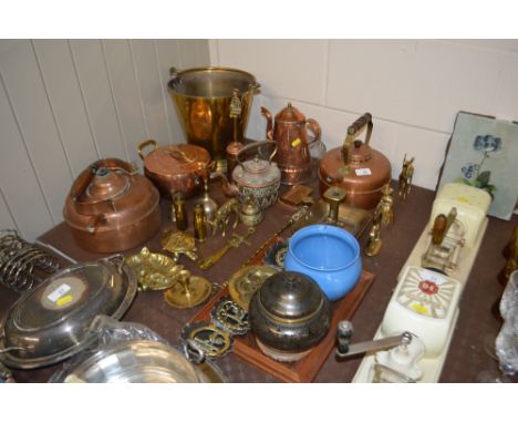 A quantity of various metalware to include a brass coal bucket; copper kettles and jugs; a Victorian brass chamber stick; a c