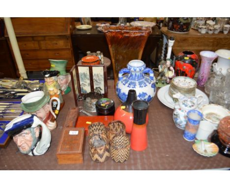 A small oriental table screen; a blue and white twin handled vase; trinket boxes; a miniature table; a pair of mother of pear