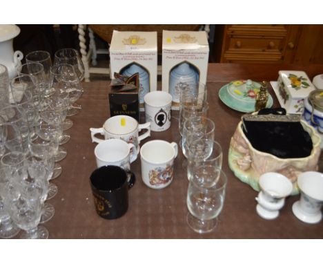 Two Bells Scotch whiskey decanters; commemorative mugs; five glasses etc