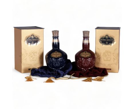 2 bottles of Chivas Regal 21 Yr Old Royal Salute Scotch Whisky, Ruby and Sapphire Flagons, in original box and bag, 40%, 70cl