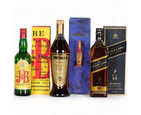 Johnnie Walker Black Label 12 Years Old blended whisky 1L 43%, J&B blended Scotch Whisky 70cl 40%, Metaxa 7 star 1L 40%. - 3 