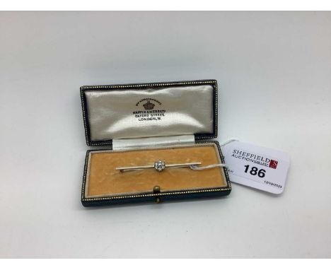 A Dainty Diamond and Pearl Set Bar Brooch, of flowerhead design, on plain white bar, in a Mappin &amp; Webb Oxford Street Lon