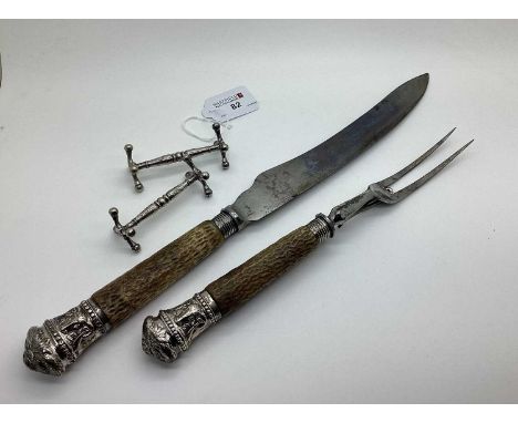 A Victorian Hallmarked Silver Mounted Meat Carving Knife and Fork, Sheffield 1886/1887; together with a pair of plated knife 