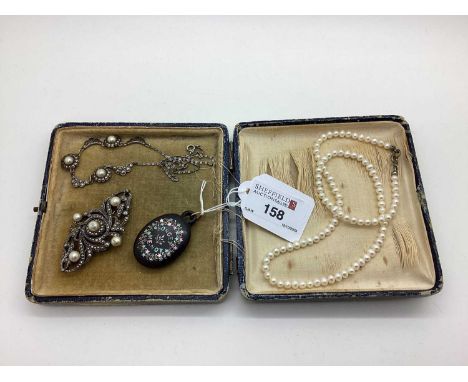 A Victorian Oval 'Forget Me Not' Pendant, together with marcasite and imitation pearl bead brooch of openwork design, marcasi