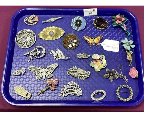 Vintage and Later Brooches, including enamel butterfly, diamanté, SJC Pewter, ceramic, Miracle etc :- One Tray