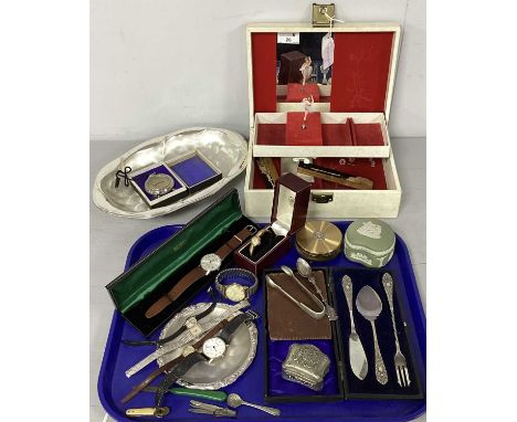Ladies and Gent's Wristwatches, including Emka bangle watch, plated ware, green Wedgwood Jasperware trinket box, Volt Meter i