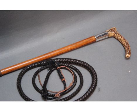 Riding crop/whip with antler handle and silver collar marked "JCA", makers mark WE, London date letter "S" 1913, with malacca