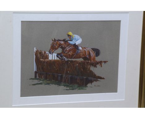 Mark L. Upton, pair of watercolours, "Leading Artist" Jumping at Towcester Racecourse 1981 ridden by Carl Llewellyn, Trainer 