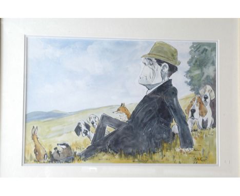 John William Wilkinson (Wilk 1906-1994), watercolour cartoon, Paddy Waters a Keswick Traffic Warden with hounds, fox, etc., s