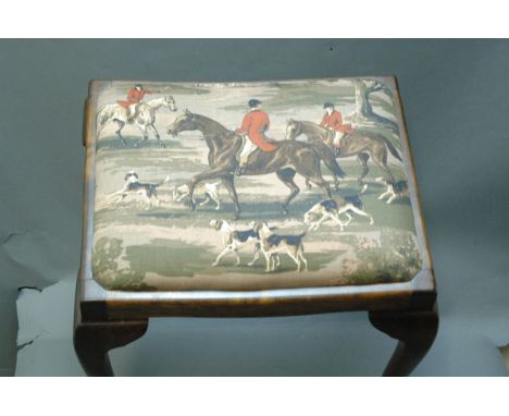 1940's dressing table stool upholstered in foxhunting patterned material.  Height 43 cm. 