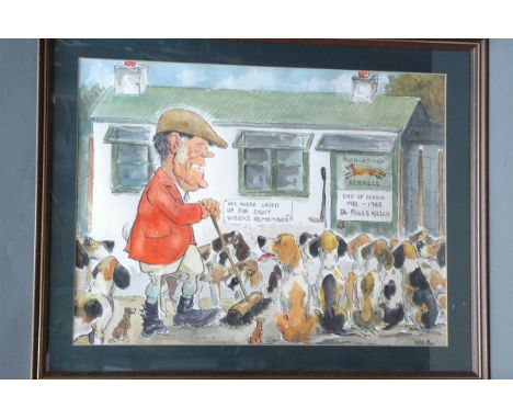 John William Wilkinson (Wilk 1906-1994), watercolour cartoon, Johnny Richardson of The Blencathra Foxhounds, Blencathra Kenne