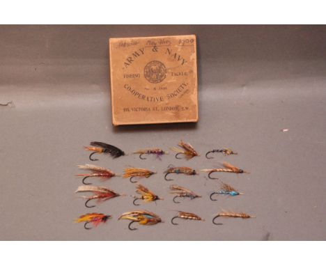 16 gut eye salmon flies, largest 5 cm, in Army & Navy cardboard box dated 1900 or 1909.