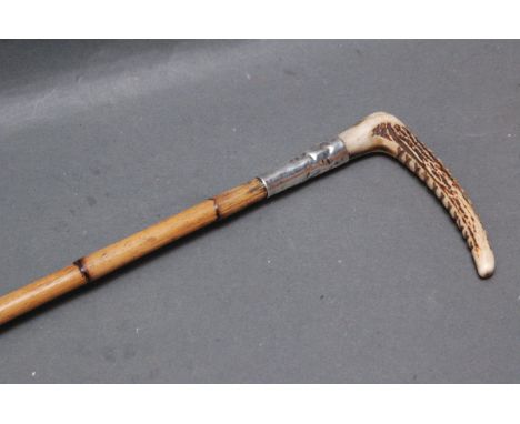 Riding crop with antler handle and silver collar engraved "RSR", maker JS&S, London date letter "N" for 1908, with bamboo sha