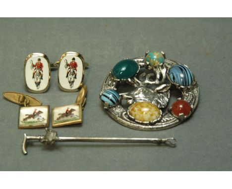 Stick pin in the form of a riding crop with fox head, stamped "Sterling", brooch with stags head decoration and two pairs of 