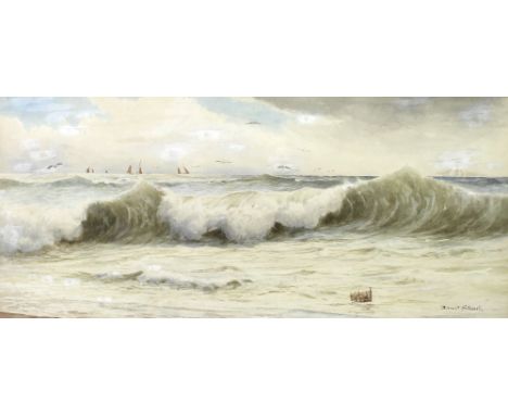 Ernest Stuart (British, 1889-1915): a seascape, with waves and fishing boats in the distance, watercolour on paper, signed lo