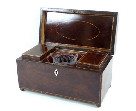 A 19th century Victorian mahogany tea caddy of rectangular form, the edges and interior inlaid with satinwood and cross bandi