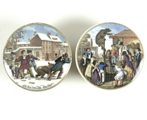 A pair of Staffordshire pot lids, comprising 'Alas! Poor Bruin', No.1 without lantern, 7.5cm, and The Bear Pit, No.6, 7.5cm. 