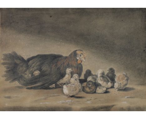 Manner of Sir Edwin Henry Landseer RA (British, 1802-1973): 'Hen and Chicks', pencil and coloured chalks on paper, heightened