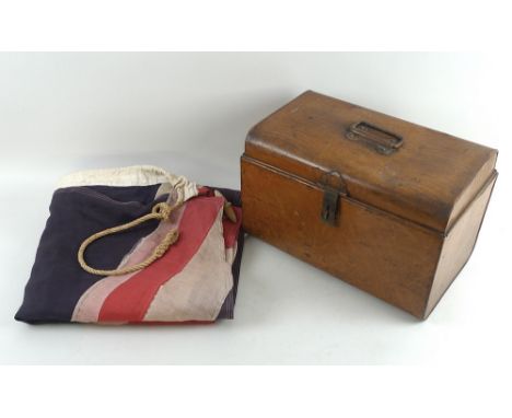 A very large vintage linen Union flag, complete with rope and toggle for flag-pole, 139 by 276cm, together with a small tin t