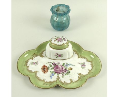 A Dresden porcelain inkwell and pen stand for Asprey, circa 1930, the scrolled cinquefoil dish with pale lime green band, sur