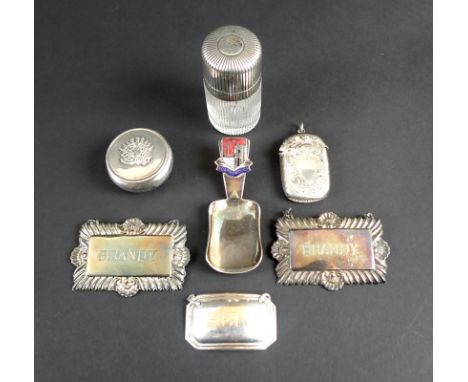 A collection of silver and plated items including a reeded silver and glass scent bottle, the silver lid monogram engraved, i