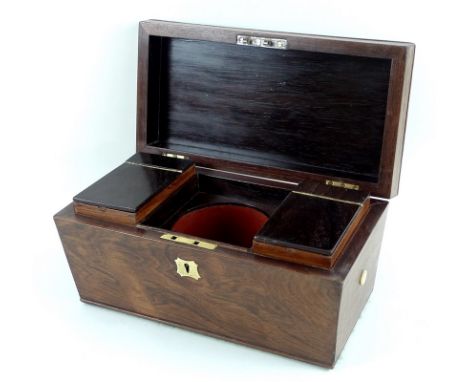 A 19th century Victorian tea caddy, sarcophagus form of mahogany and rosewood, the sides inlaid with mother of pearl detailin