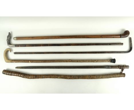 A collection of walking sticks, comprising a silver topped cane in the shape of a dog's head, 88.5cm, silver topped cane, 90c