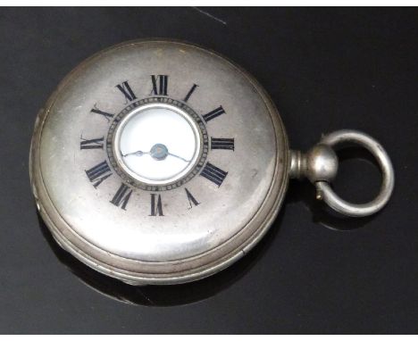 J A Aubert Freres white metal half hunter pocket watch with blued hands, black Roman numerals, white enamel dial, inlaid blue
