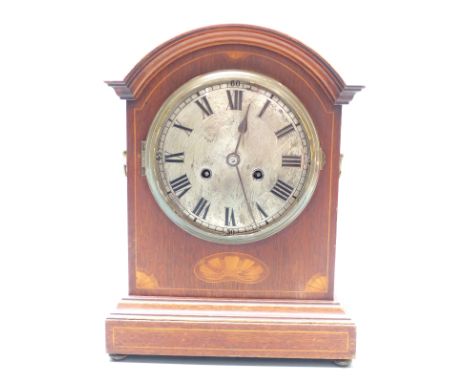 Inlaid mahogany shelf mantel clock with silvered Roman dial and two train movement by Philip Haas Sohne striking on a single 