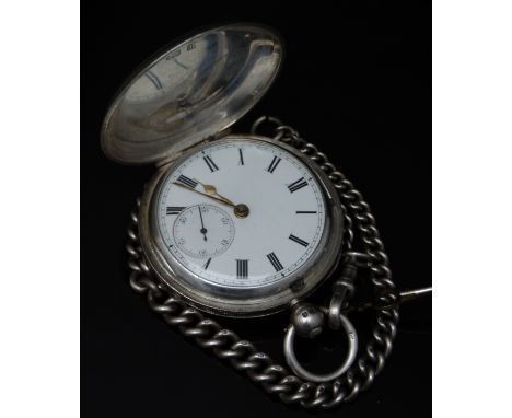 English hallmarked silver full hunter pocket watch with inset subsidiary seconds dial, black Roman numerals, gold hands, whit