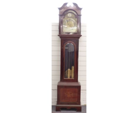 Early to mid 20thC longcase clock with silvered chapter ring, two train chiming movement and glazed bevelled edge door, 205cm