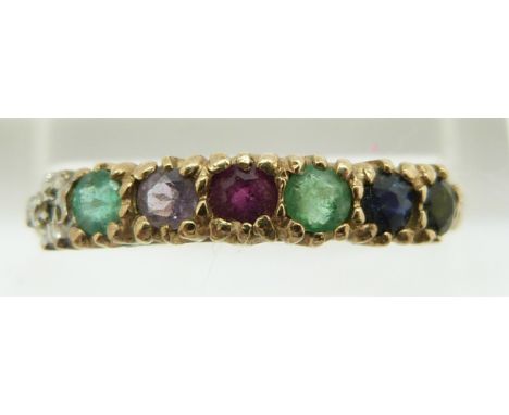 A 9ct gold ring set with a diamond, emerald, amethyst, ruby, emerald sapphire and tourmaline reading 'Dearest', 1.8g, size P&