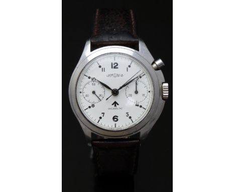 Lemania British Royal Navy nuclear submarine gentleman's single button chronograph wristwatch ref.35-64 with black steel hand