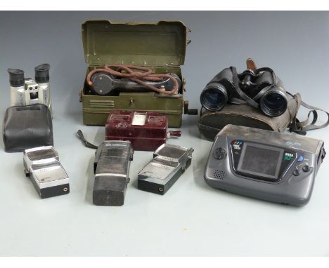 Vintage telephones/ Walkie Talkies including Pye pocket phone, binoculars, military field telephone, Pony transceivers etc an