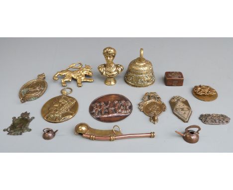 19thC and later brass and copper ware including cast plaque with lugs, Elizabeth I plaque, coin inset novelty miniature utens