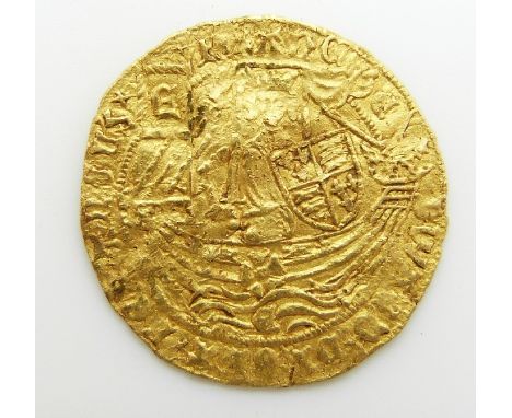 Edward IV (1461-70 and 1471-83) hammered gold half ryal, light coinage issue, York Mint, E in waves obverse, VF+