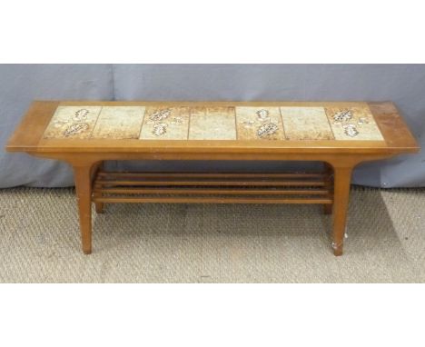 Retro tile inset coffee table with slated undershelf, H40 x W124 x D42cm