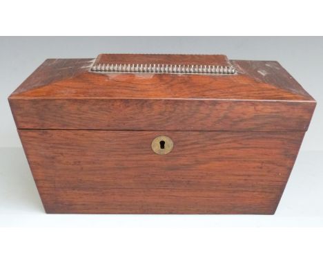 19thC rosewood sarcophagus shaped tea caddy with glass central mixing bowl, width 28cm