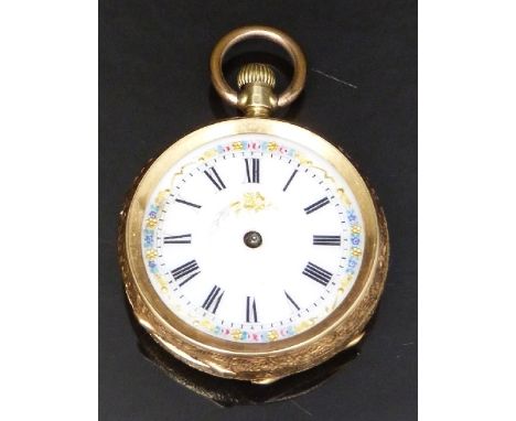 An 18ct gold pocket watch with black Roman numerals, floral decorated white enamel dial, engraved case and unsigned movement,