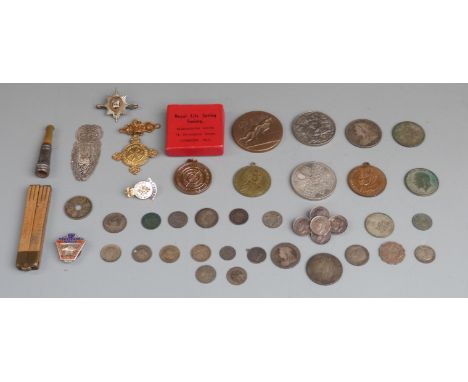 A collection of coins including approximately 67g of pre 1947 and pre 1920, a white metal owl bookmark, hallmarked silver mou