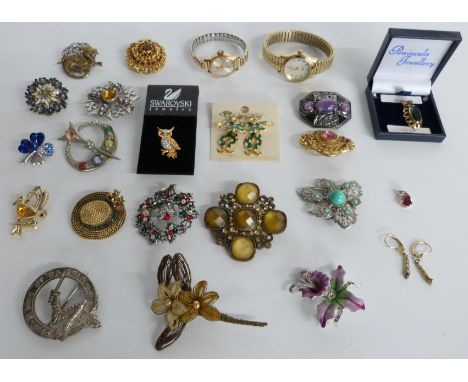 A collection of brooches including silver, Miracle, enamel, Timex watch, automatic Smiths watch, a rolled gold pendant, Swaro