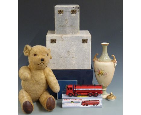 Moorcroft and Royal Crown Derby empty boxes, Royal Worcester vase and lid, Dinky toy reproduction and teddy
