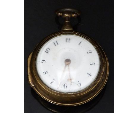 Thomas Sambrook gilt metal open faced pair cased pocket watch with gold hands, black Arabic numerals, white enamel dial, shap